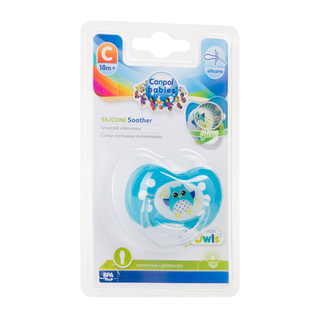 Canpol Smoczek Silikonowy Symetryczny Ze Świecącym Uchwytem Sówki 18M+