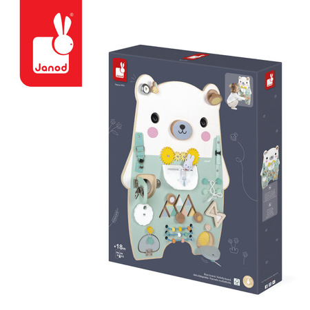 Janod Duża drewniana tablica manipulacyjna 20 aktywności Miś Pure 18m+