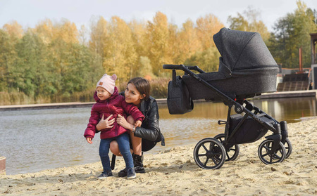 Kunert Molto Wózek Głęboko-Spacerowy 2w1 Grafit Jeans + Kwiaty Czarna Rama Koła Żelowe