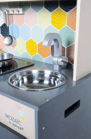 Janod Duża drewniana kuchnia z dźwiękiem, światłem LED i 6 akcesoriami Mozaika 3-8 lat