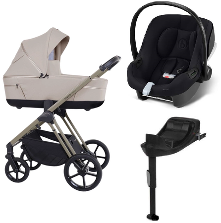 Espiro Miloo 2025 Wózek Głęboko-Spacerowy 219 White Pearl + Cybex Aton B2 i-Size Fotelik Samochodowy 0-13kg + Baza One Volcano Black