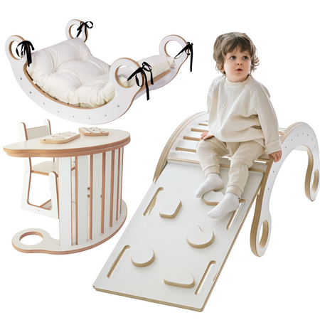 GUGI Drewniany Bujak Montessori XL + Ścianka Wspinaczkowa / Zjeżdzalnia + Poduszka Beżowa + Krzesełko + Blat