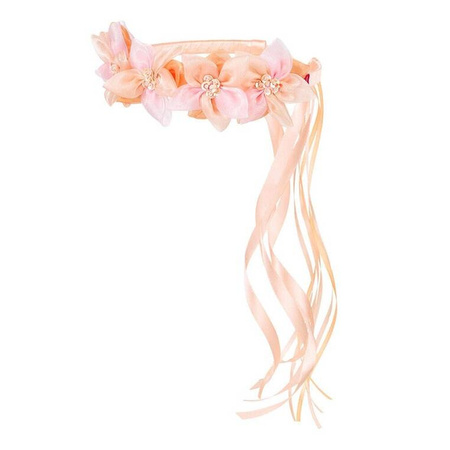 Souza! Opaska do włosów wianek ze wstążkami, kwiatami i cekinami Evaline różowo-łososiowa