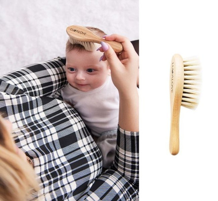 Lullalove Szczotka Włosie Kozie + Myjka Pieluszka Muślinowa Jeże Blue