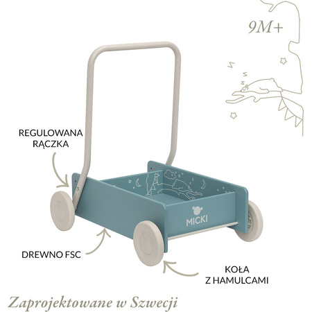 Micki Drewniany Chodzik Pchacz do Nauki Chodzenia Niebieski
