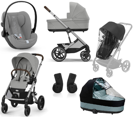 Cybex Balios S Lux 2.0 Wózek Głęboko-Spacerowy Stone Grey + Cloud G I-Size Fotelik Samochodowy 0-13kg + Osłony Przeciwdeszczowe + Adaptery