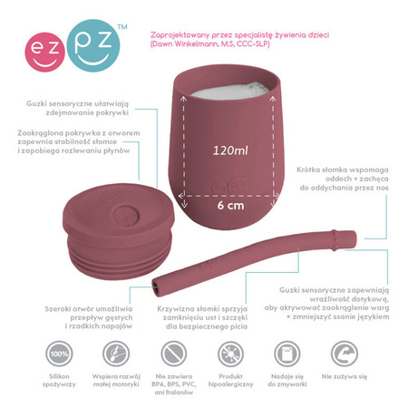 EZPZ Silikonowy kubeczek ze słomką Mini Cup + Straw Training System 120 ml Mauve + 2 słomki GRATIS pastelowy róż