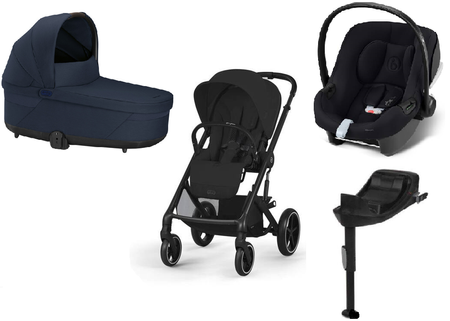Cybex Balios S Lux 2.0 Wózek Głęboko-Spacerowy Moon Black / Ocean Blue + Cybex Aton B2 i-Size Fotelik Samochodowy 0-13kg + Baza One Volcano Black