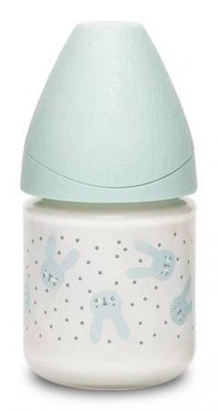 Suavinex Butelka szklana 120ml smoczek okrągły silikonowy o wolnym przepływie Królik miętowy Hygge Baby