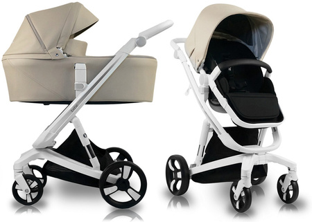 IBEBE iStop IS16 Wózek Głęboko-Spacerowy Z Elektronicznym Systemem Hamowania Eko Skóra Beige Stelaż Biały