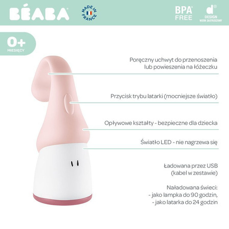 BEABA Lampka nocna LED przenośna z latarką Pixie 90h świecenia Pink
