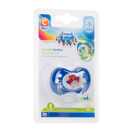 Canpol Smoczek Silikonowy Symetryczny Ze Świecącym Uchwytem Sówki 18M+