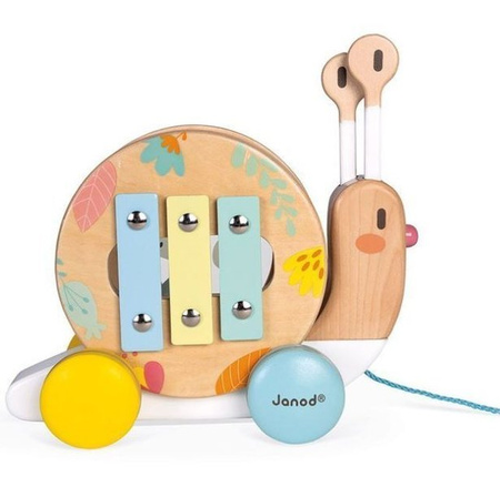 Janod Drewniany Ślimak Do Ciągnięcia z Cymbałkami i Bębenkiem Pure