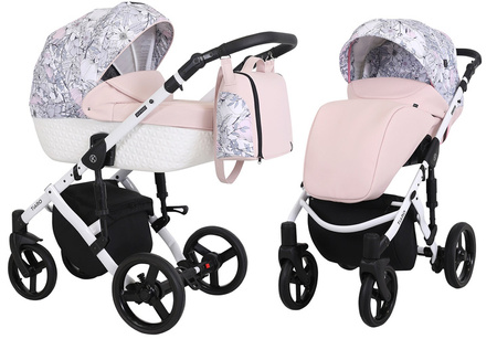 Kunert Tiaro Wózek Głęboko-Spacerowy 2w1 Róż + Kwiaty Biała Rama Koła Żelowe