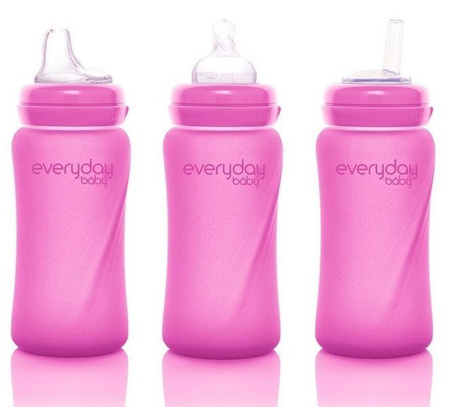 Everyday Baby, Szklana butelka ze smoczkiem M reagująca na temperaturę, 240 ml Wiśniowy