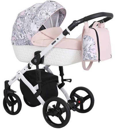 Kunert Tiaro Wózek Głęboko-Spacerowy 2w1 Róż + Kwiaty Biała Rama Koła Żelowe