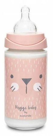Suavinex Butelka szklana 240ml smoczek okrągły silikonowy 3 przepływowy Kotek różowy Hygge Baby