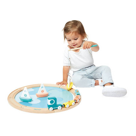 Janod Pociąg Drewniany z Torami, Łódkami i Makieta Jeziora Bolid