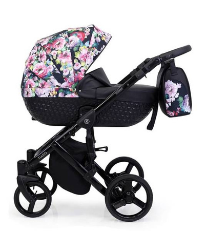 Kunert Tiaro Wózek Głęboko-Spacerowy 2w1 Róż + Kwiaty Biała Rama Koła Żelowe