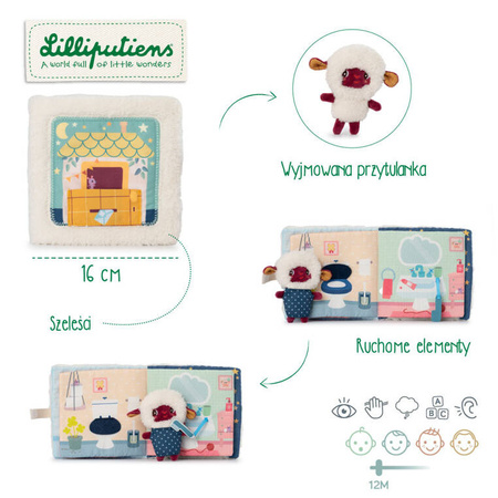 LILLIPUTIENS Książeczka aktywizująca z mini-przytulanką Dobranoc Owieczka Yvon 12 m+