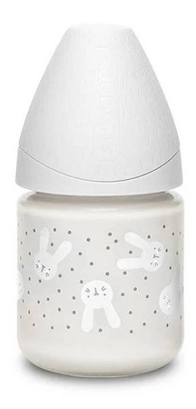 Suavinex Butelka szklana 120ml smoczek okrągły silikonowy o wolnym przepływie Królik szary Hygge Baby