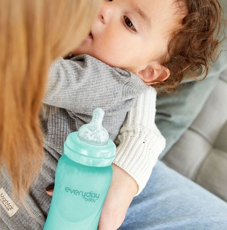 Everyday Baby, Szklana butelka ze smoczkiem M reagująca na temperaturę, 240 ml Turkusowy