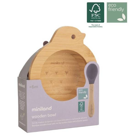 Miniland Eco Friendly Drewniana Miseczka z Przyssawką i Łyżeczką Ptaszek