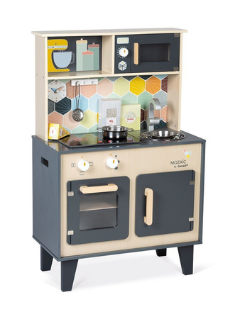 Janod Duża drewniana kuchnia z dźwiękiem, światłem LED i 6 akcesoriami Mozaika 3-8 lat
