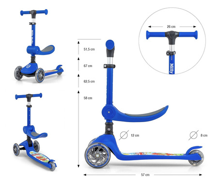 Milly Mally Fuzzy Trójkołowa Hulajnoga Balansująca z Siedziskiem Blue
