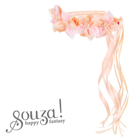 Souza! Opaska do włosów wianek ze wstążkami, kwiatami i cekinami Evaline różowo-łososiowa