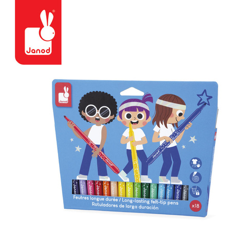 Janod Flamastry pisaki z filcową końcówką 18 kolorów 3+