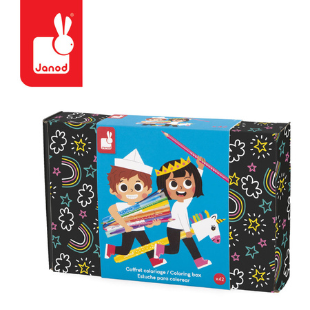 Janod Zestaw przyborów do kolorowania kredki flamastry Coloring box 42 el. 3+