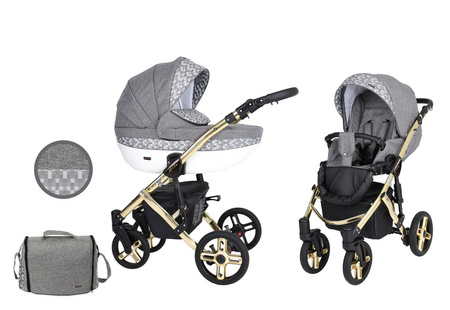 Kunert Mila Premium Wózek Głęboko-Spacerowy 2w1 Szary Len + Kostka Złota Rama Koła Żelowe