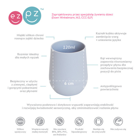 EZPZ Silikonowa miseczka z podkładką 2w1 Mini Bowl + GRATIS silikonowy kubeczek Mini Cup 120ml z 2 słomkami pastelowa szarość