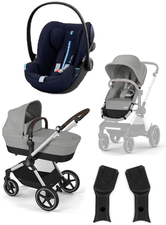 Cybex Eos Lux Wózek Głęboko-Spacerowy Rama Silver Stone Grey + Cybex Cloud G I - Size Fotelik Samochodowy Ocean Blue Plus + Adaptery