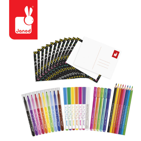 Janod Zestaw przyborów do kolorowania kredki flamastry Coloring box 42 el. 3+