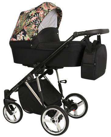 Kunert Molto Premium Wózek Głęboko-Spacerowy 2w1 Czarny + Kwiaty Srebrna Rama Koła Żelowe