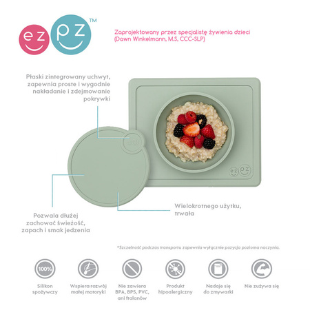 EZPZ SIlikonowa miseczka z podkładką 2w1 Mini Bowl z pokrywką + GRATIS silikonowy kubeczej Mini Cup 120ml z 2 słomkami pastelowa zieleń