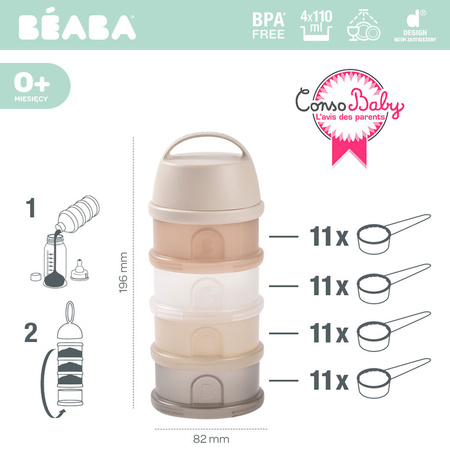 BEABA Pojemniki na mleko w proszku 4 komory przeźroczyste clay