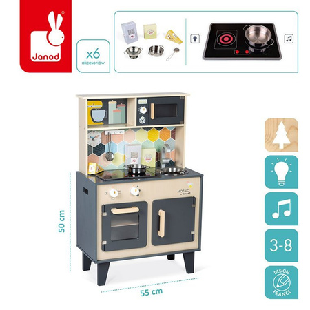Janod Duża drewniana kuchnia z dźwiękiem, światłem LED i 6 akcesoriami Mozaika 3-8 lat