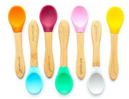 Ecorascals Zestaw 3 Łyżeczek Bambusowych z Silikonową Nakładką Niebieska Szara Zielona