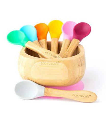 Ecorascals Zestaw 3 Łyżeczek Bambusowych z Silikonową Nakładką Szary Różowy Zielony