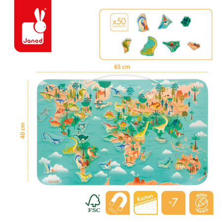 Janod Układanka drewniana magnetyczna Mapa świata z 50 magnesami Dinozaury 7+
