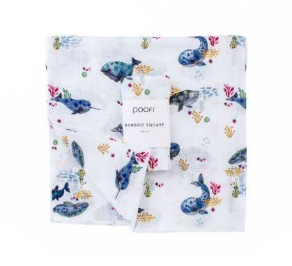 Poofi Pieluszka Bambusowa Ocean 73x73cm Wieloryby