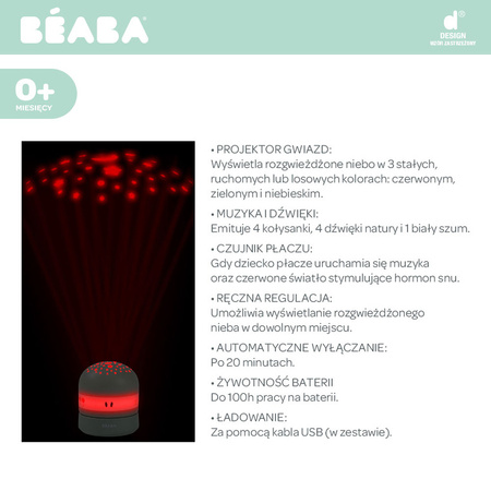 Beaba Projektor gwiazd z pozytywką i czujnikiem płaczu Pixie Sage green