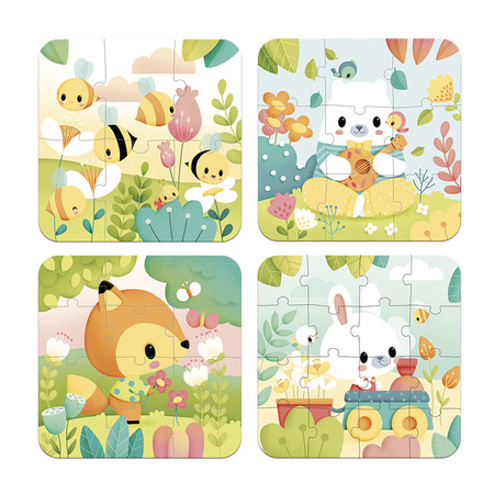 Janod Puzzle progresywne w walizce Zwierzątka Pure 4 układanki – 6, 9, 12 i 16 elementów 2+ Made in France