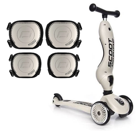 Scootandride Highwaykick 1 Jeździk i Hulajnoga 2w1 1-5 lat + Zestaw Ochraniaczy dla Dzieci XXS Ash
