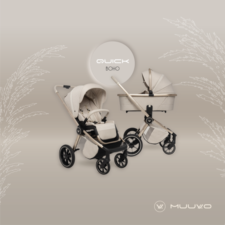 Muuvo Quick Boho Wózek Głęboko-Spacerowy Beige + Cybex Aton B2 i-Size Fotelik Samochodowy 0-13kg + Baza One Volcano Black
