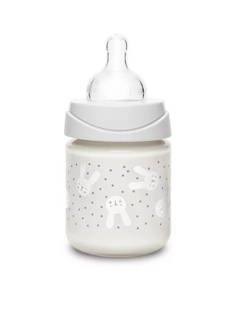 Suavinex Butelka szklana 120ml smoczek okrągły silikonowy o wolnym przepływie Królik miętowy Hygge Baby